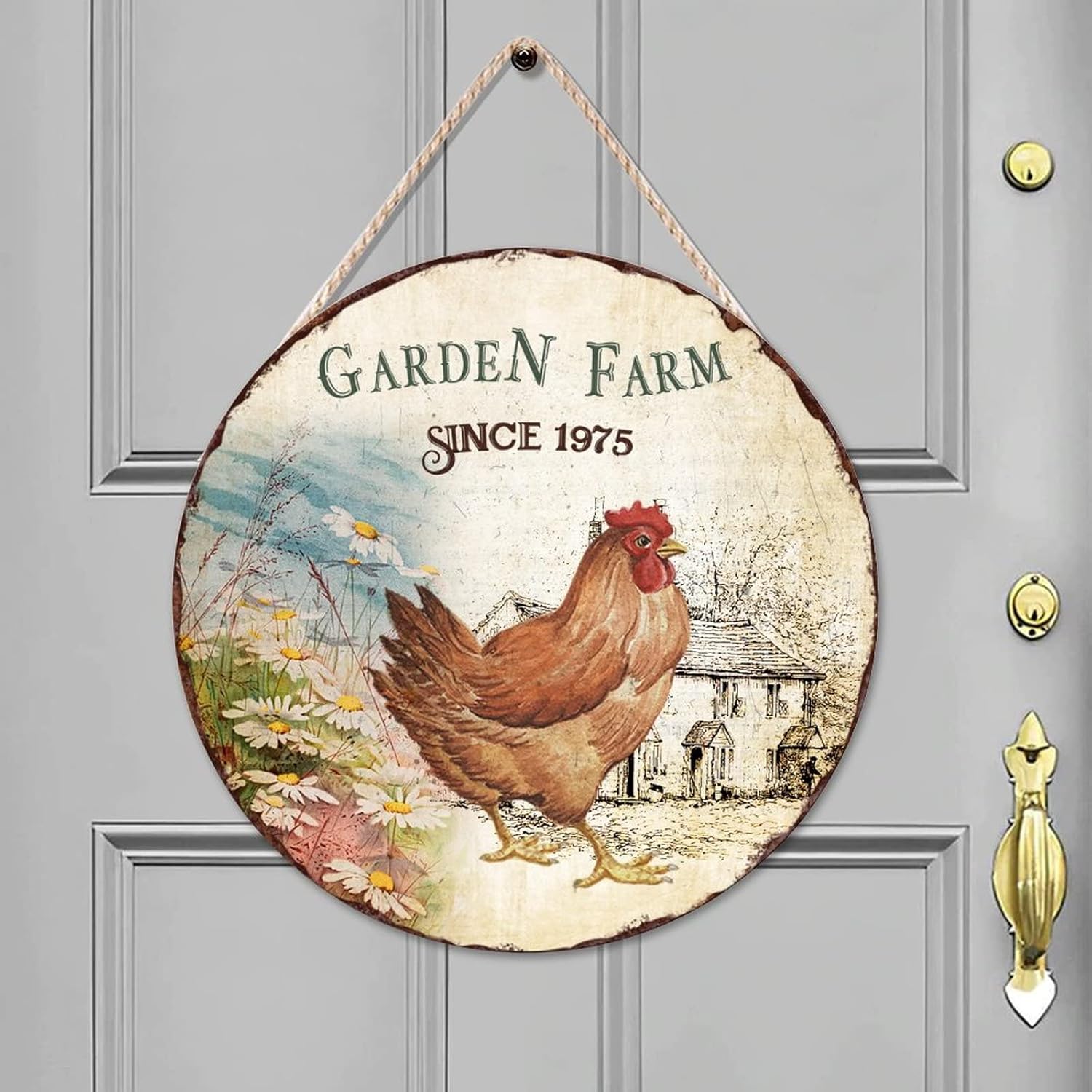 Garden Farm Since 1975 Wood Door Sign, Chicken Front Door Sign, 16x16in Retro Wall Hanging Sign Plaque for Backyard Front Porch Farmhouse Front Door Decor Housewarming Gifts