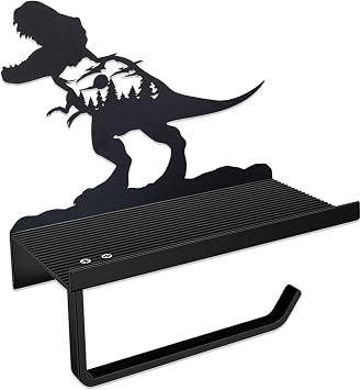 Dinosaur Toilet Paper Holder with Shelf, Wall Mount, Black Metal