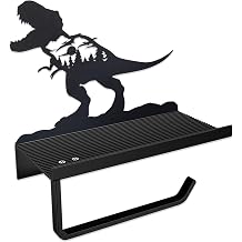 Dinosaur Toilet Paper Holder with Shelf, Funny T Rex Toilet Paper Holder Wall Mount, Rustic Black Metal Bathroom Decor, Animal Toilet Paper Holder for Kids Bathroom, Unique Dinosaur Gift Idea