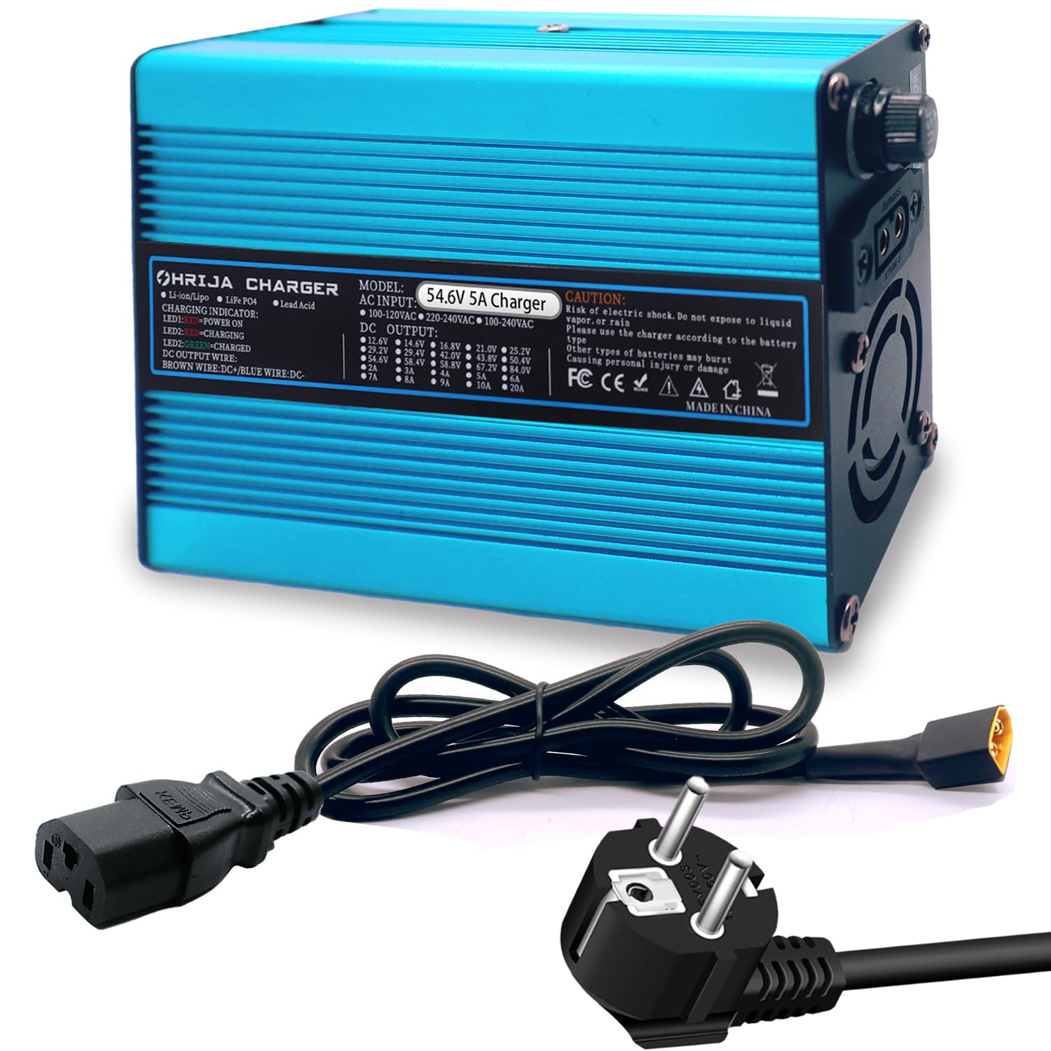 Cargador de batería de 54,6 V y 5 A para batería de Litio de 48 V, Fuente de alimentación de 48 V y 5 A, Exterior Azul con Conector IEC C13 N+ L-