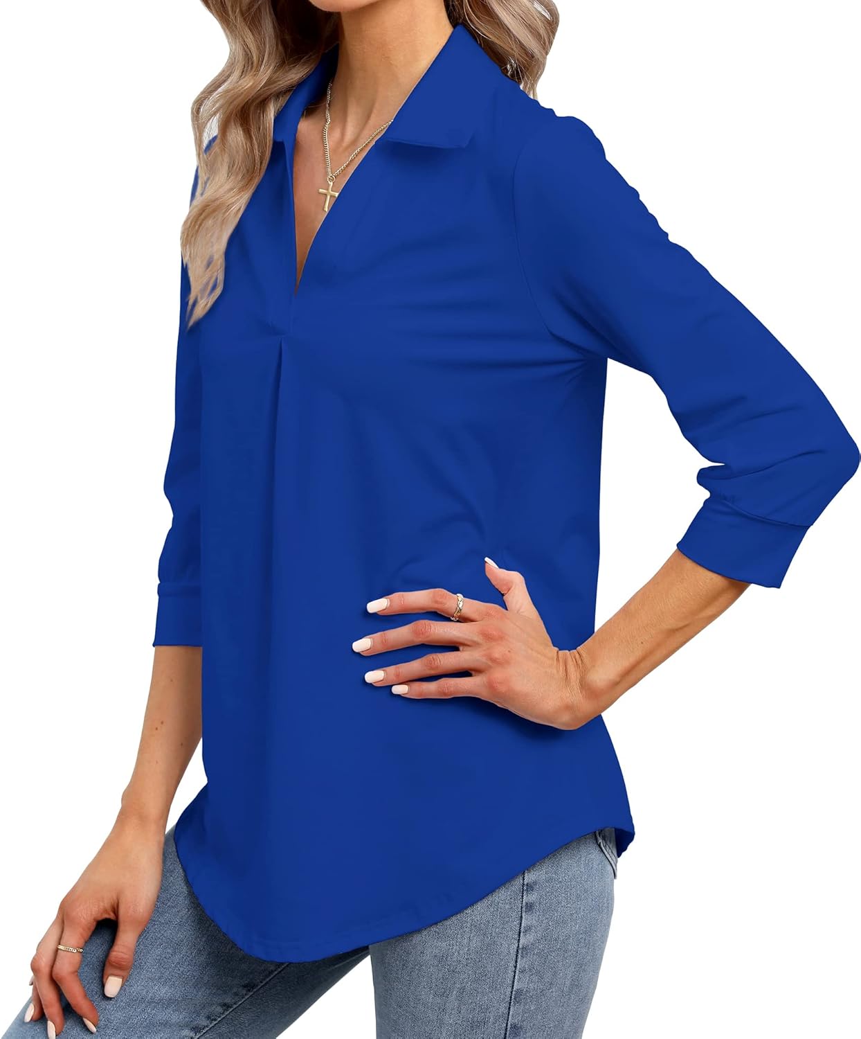 Heat Move Women's 3/4 Sleeve Length Tops Collared V Neck Shirt Dressy Casual Business Blouses for Work Professional - Image 2