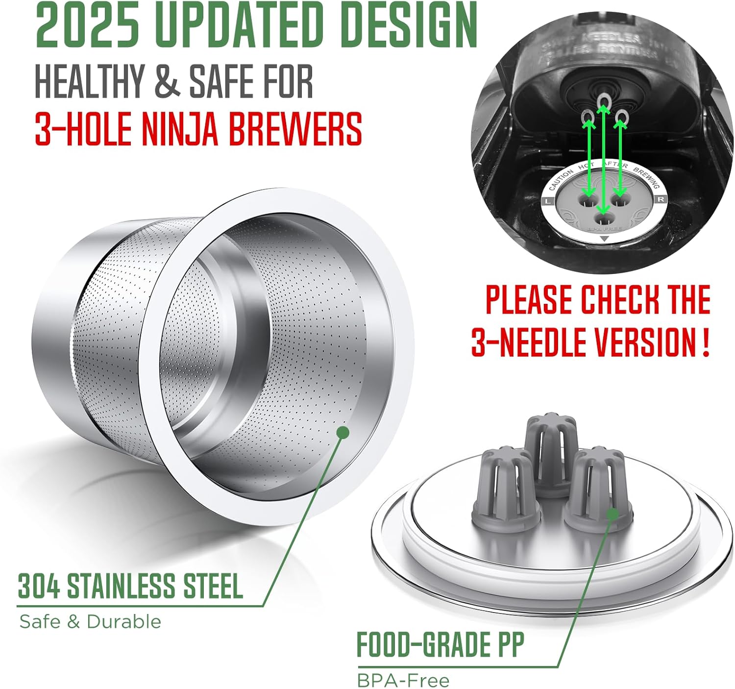 Ninja Reusable Coffee Pod: VIVI SKY Upgraded Stainless Steel Refillable Ninja K Cups - 3 Holes Coffee Filters For Ninja Coffee Maker CFP201 CFP301 CFP305 CFP307 CFP400 CFP300 (4 Pack)