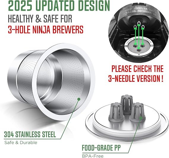 Ninja Reusable Coffee Pod: VIVI Sky Upgraded Stainless Steel Refillable Ninja K Cups - 3 Holes Coffee Filters for Ninja Coffee Maker CFP201 CFP301 CFP305 CFP307 CFP400 CFP300 (2 Pack)