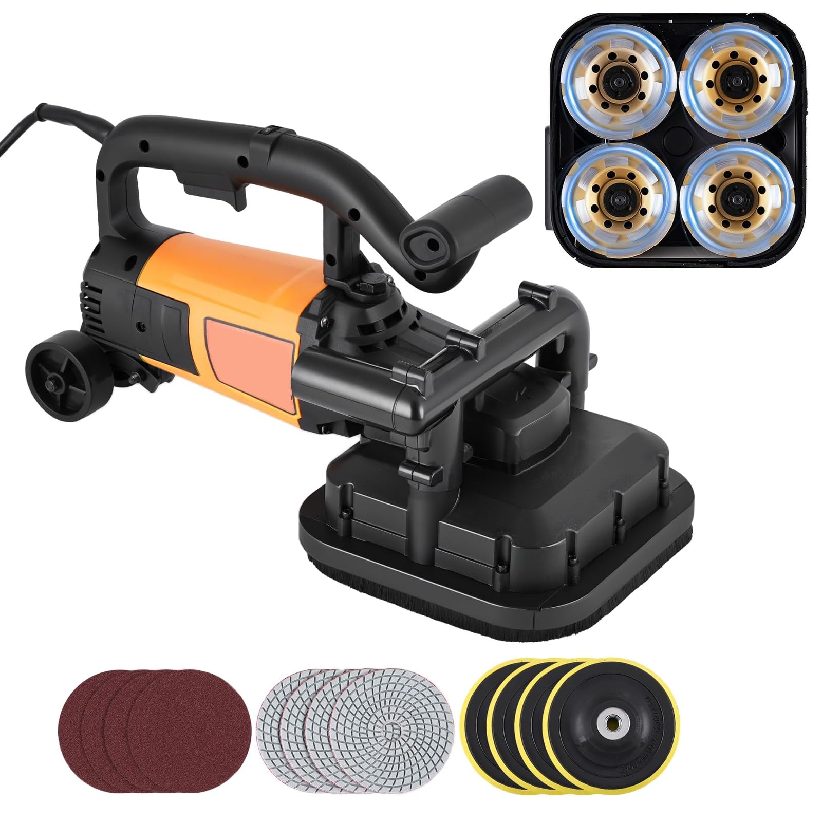 Concrete Grinder Set, 3800W Electric Handheld Floor Polisher with 6 Speed Adjustable, Includes Wheels, Drywall Sander, for Cement Tile Marble