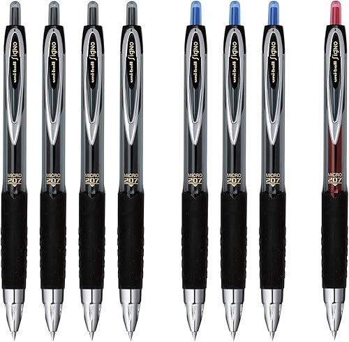 Signo 207 Bolígrafos de gel retráctiles de Uni, Micro 0.020 in (también conocido como punta fina), incluye 4 negros, 3 azules, 1 rojo