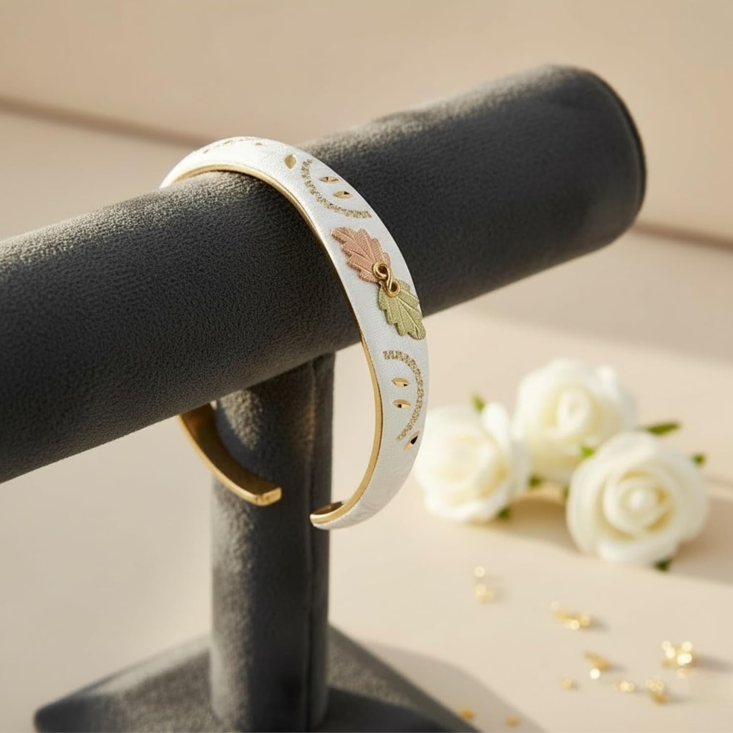 Black Hills Gold Floral Brocade Cuff Bracelet, White Powder-Coated Finish with 12k Green & Rose Gold Leaves, Adjustable Women’s Nature-Inspired Jewelry Gift