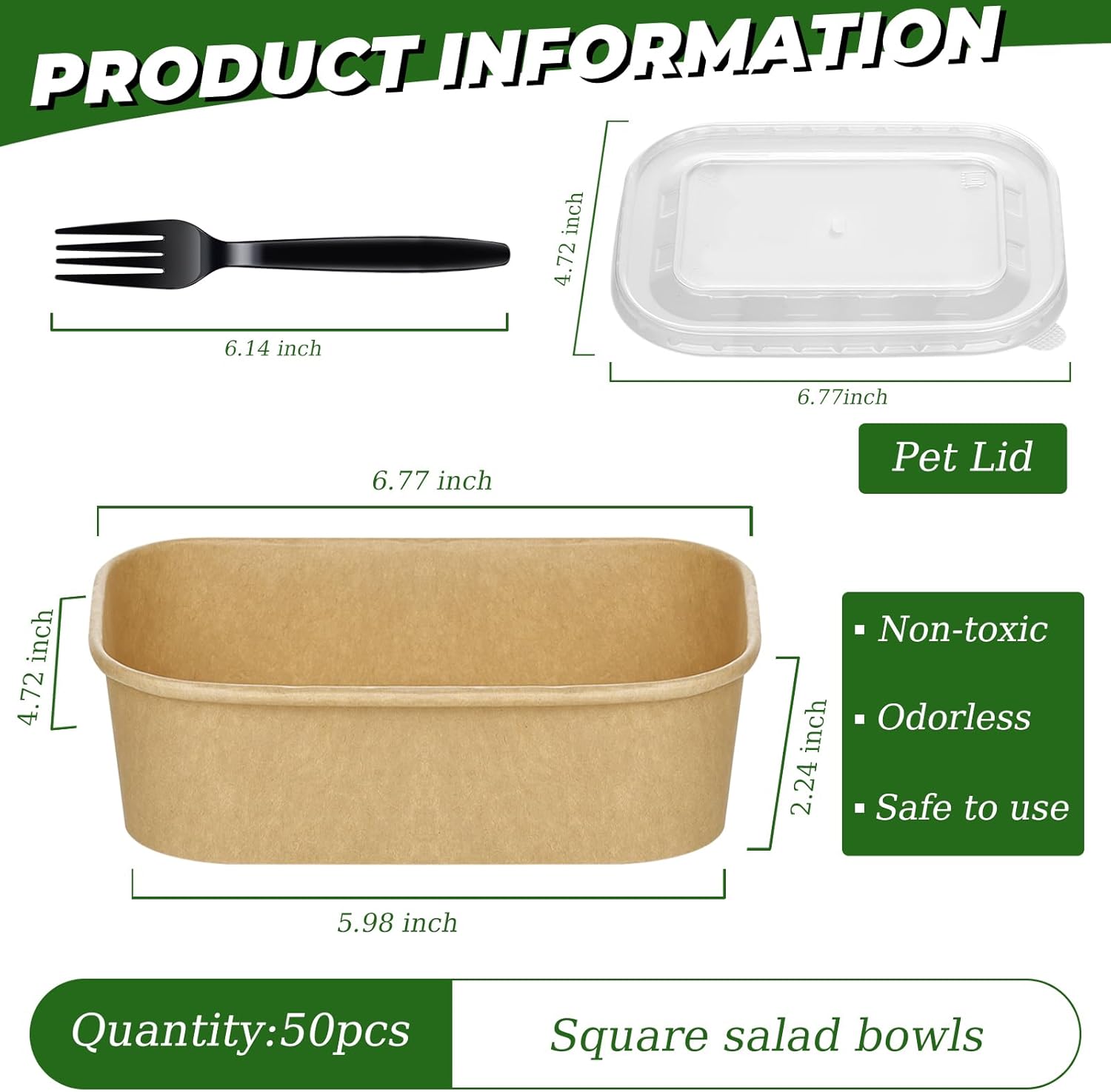 DI QIU REN 50-Pack 34oz Paper Bowls, Disposable Food Containers with Lids and Forks, Rectangular Food Prep Containers, To Go Containers, Salad Bowls Deli Container for Diet Salad, Pasta
