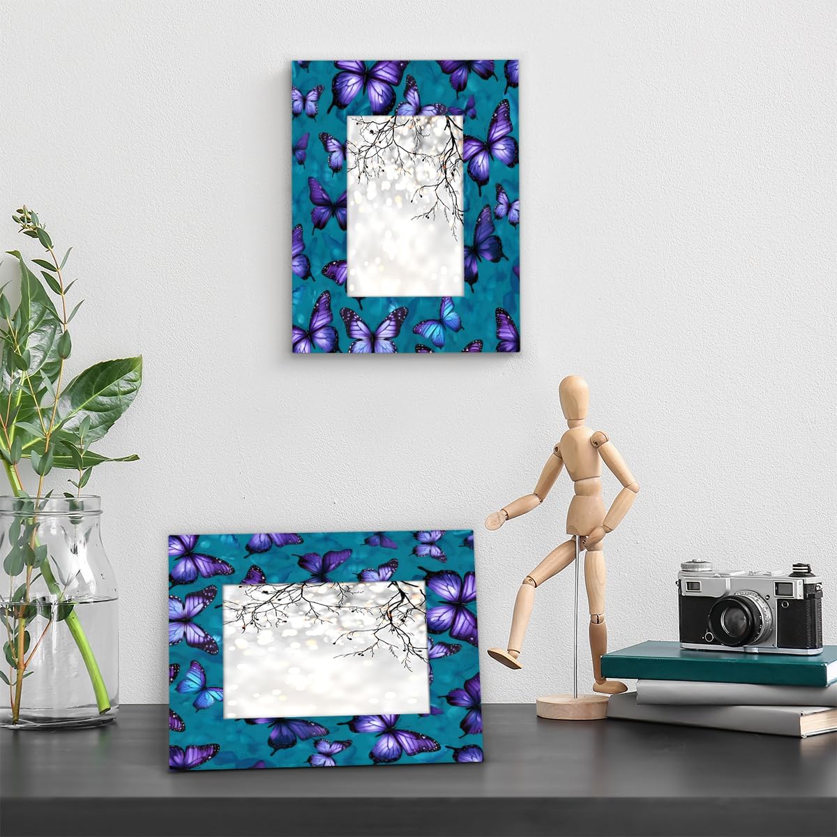 Purple Blue Butterflies 8x10 Picture Frame Wooden Picture Frames for Wall Hanging & Tabletop Decor Display 8x10 or 8x8 Picture Collage Family Weddings Christmas Photo Frame for Gift