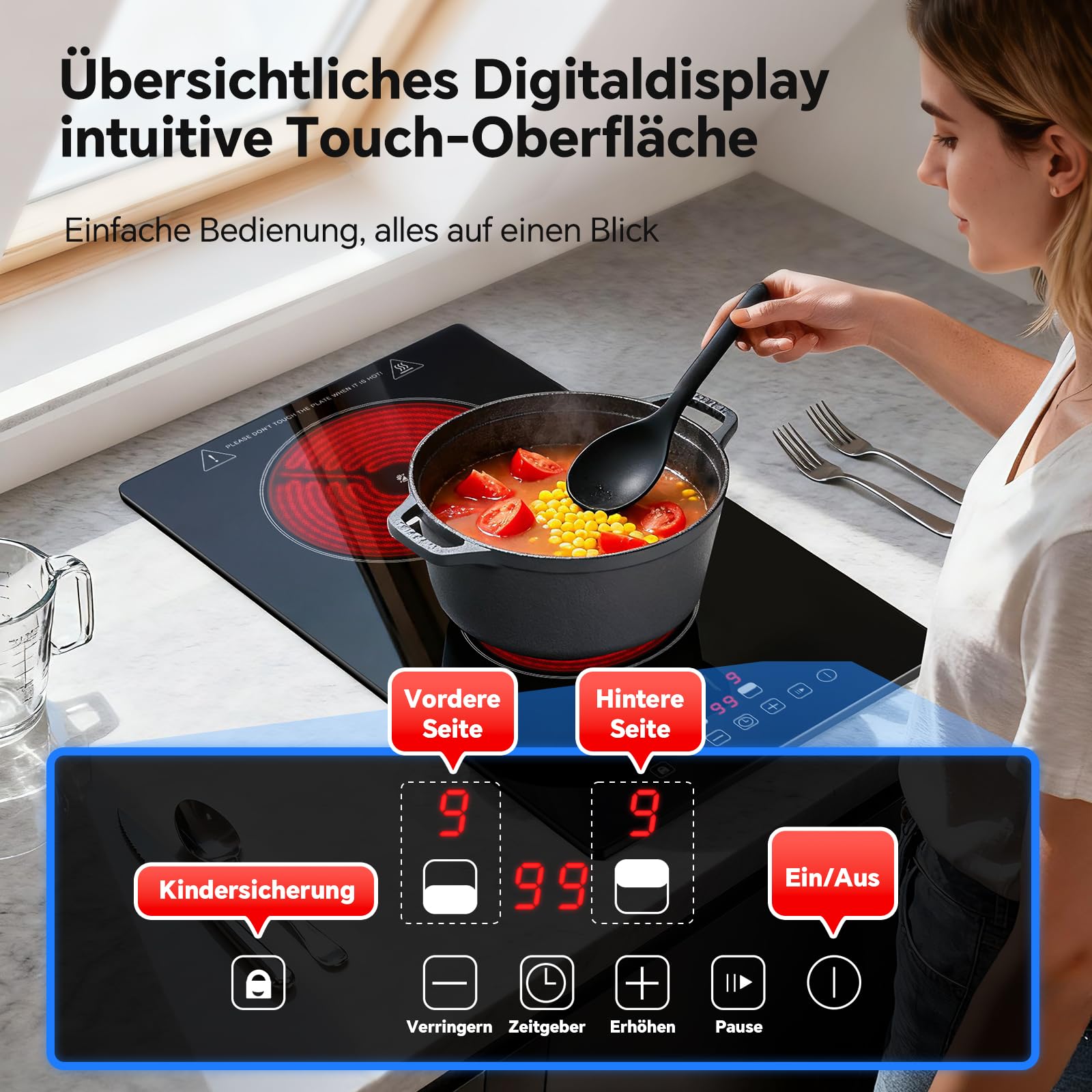 SNDOAS Glaskeramikkochfeld 2 Platten 3000W 9 Leistungsstufen Touch-Steuerung Timer Kindersicherung Schwarz