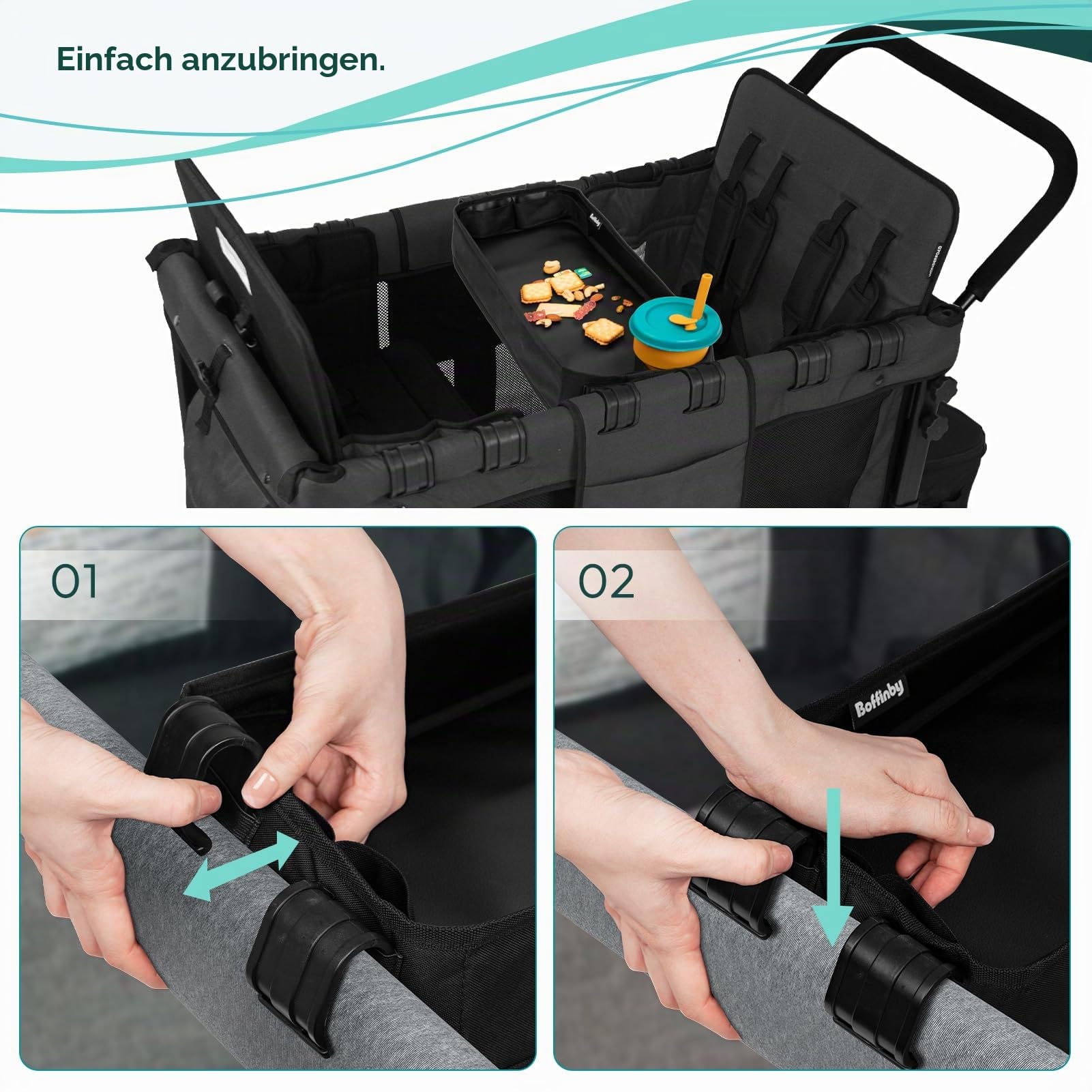 Doppelseitiges Kinderwagen-Tablett für Wonderfold Wagon, Kinder-Snacks und Aktivitäten, Kunstleder-Seiten zum Essen, 4 Getränkehalter, W4-Zubehör, einfach zu bedienen und zu reinigen, für unterwegs