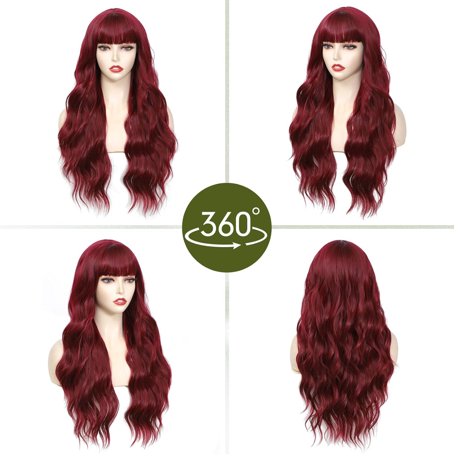Burgundy Wig With Bangs Long Wavy Wine Red Wigs for Women 26 Inch Curly Wavy Wig With Bangs Natural Looking Synthetic Heat Resistant Fiber Wig for Daily Party Use - Image 2