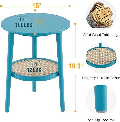 Miniatura 3 de Apicizon Mesa auxiliar redonda de 2 niveles, mesita de noche de ratán azul con almacenamiento, mesa auxiliar bohemia para sala de estar, dormitorio,