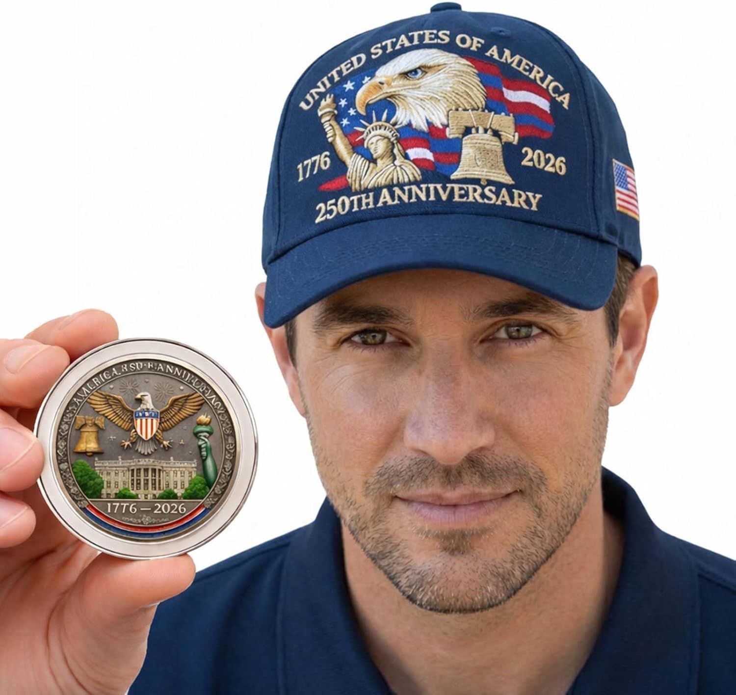 250 Year American Anniversary Hat with Commemorative Coin, Handcrafted Embroidery 250th Anniversary USA Hat, Tribute Patriotic Hat for Men & Women