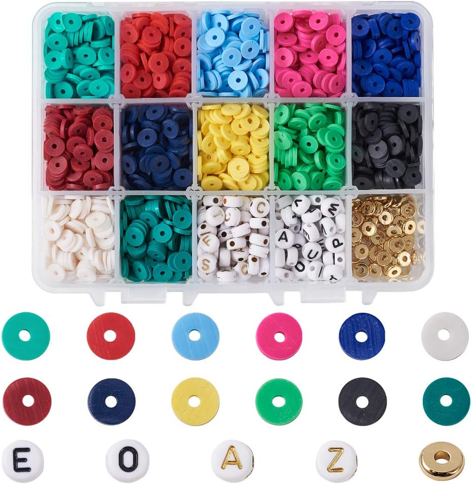 Pandahall 4560pcs 6mm Flat Round Polymer Clay Disc Beads Kits 12colors Heishi Loose Beads with Acrylic Alphabet Pony Beads Brass Spacer Beads for Bohemian Jewelry Making