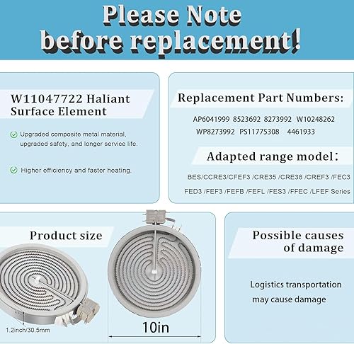 Miniatura 2 de W11047722 8523692 W10248262 10in para Whirlpool, Maytag, Ikea, Amana, Kenmore Haliant Element reemplaza WP8273992 PS11775308 4461933 AP6041999