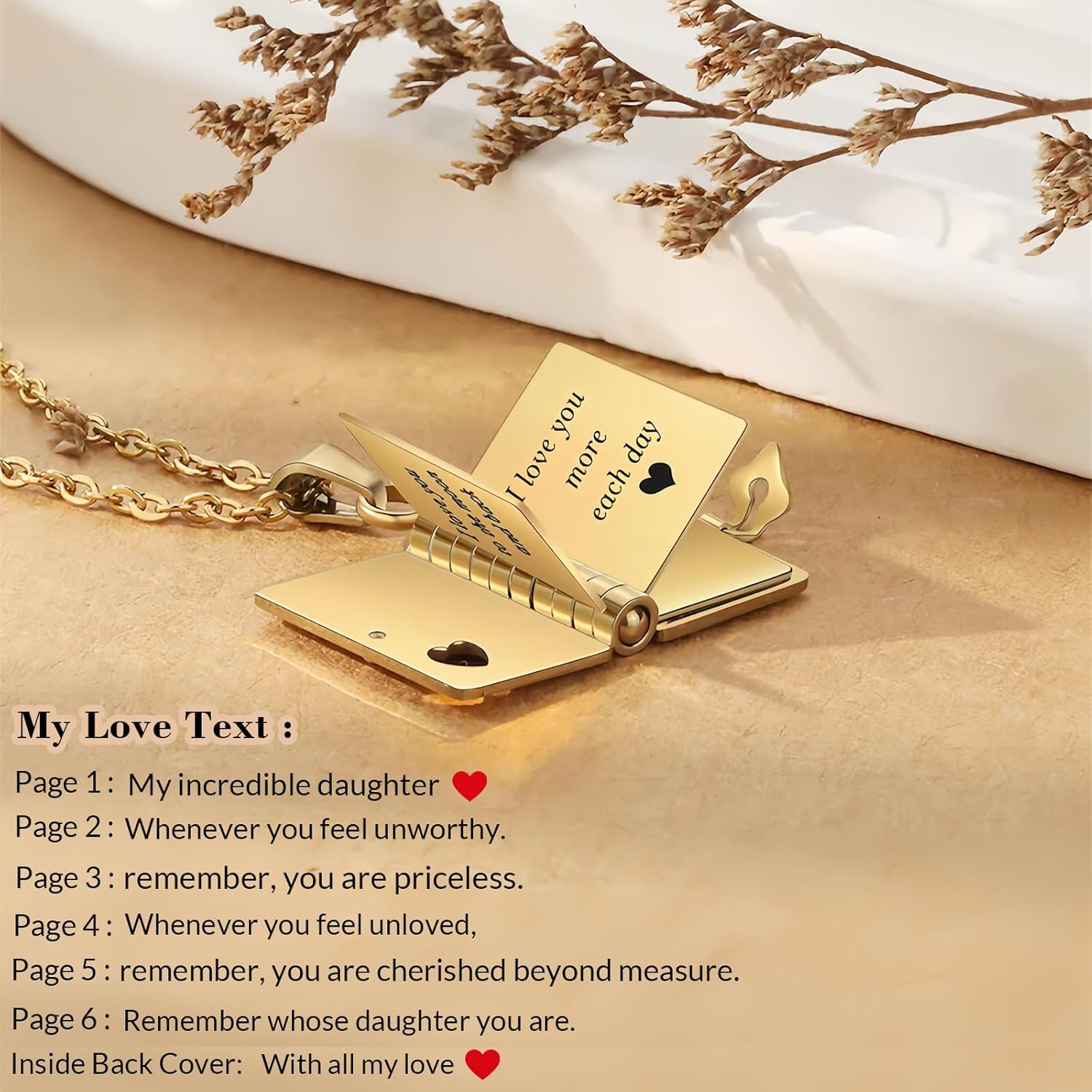 My Incredible Daughter Book Necklace for Daughter Gifts from Mom Dad, Necklaces for Women Openable with 6 Pages of Engraved Information Birthday Day Gift Graduation Jewelry for Love - Image 4
