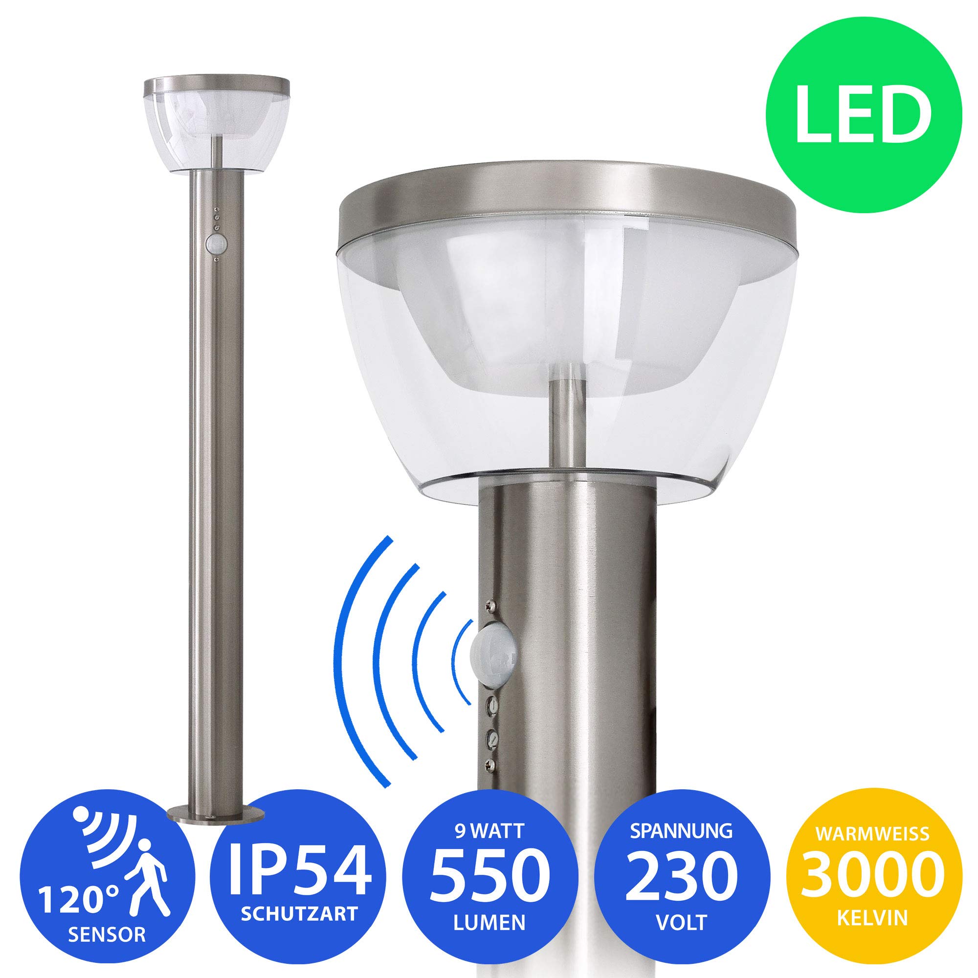 Maxkomfort LED Aussenleuchte mit Bewegungsmelder Standleuchte Gartenleuchte Wegeleuchte Lampe 9W Edelstahl 80cm modern IP54 309A1-800