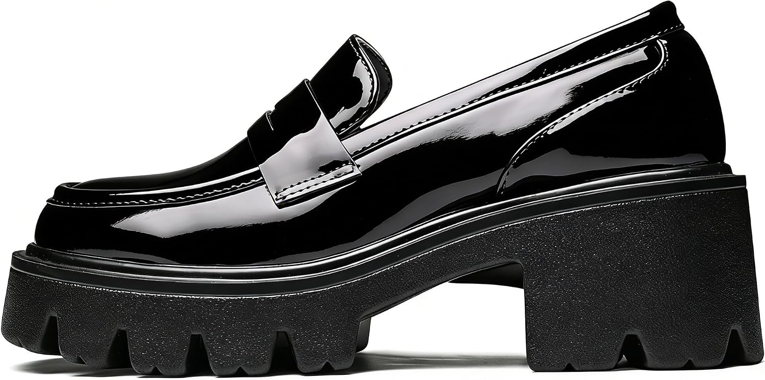 Platform Penny Loafers for Women - Comfortable Chunky Heel Classic Casual Shoes for Dressy and Office Wear