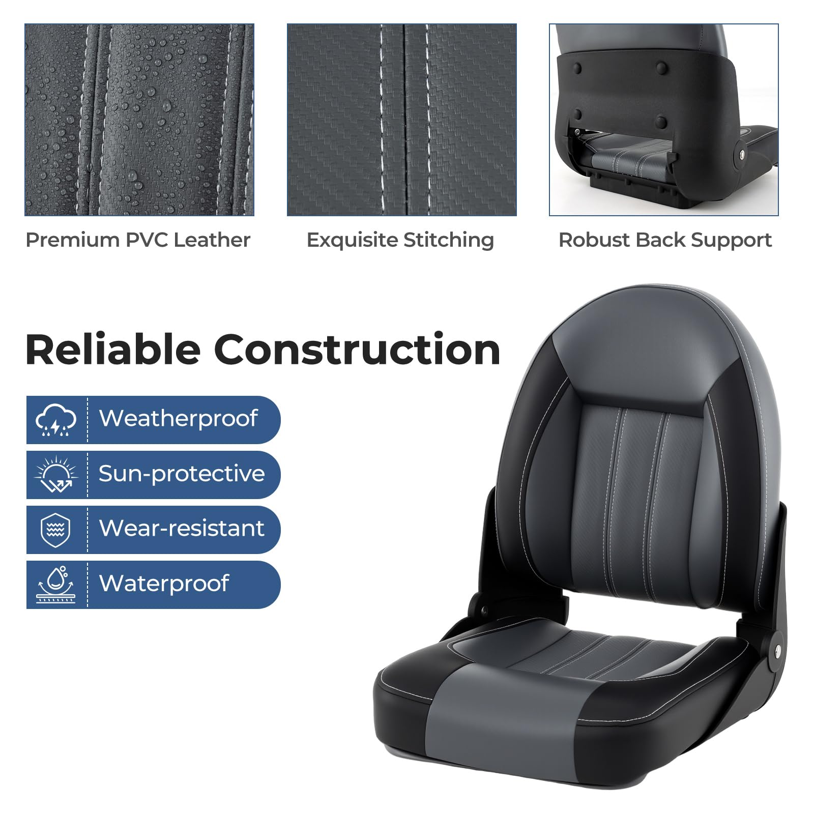 Homasis Juego de 2 Asientos Plegables para Barco, Acolchadas, Grueso, Silla deYate Ergonómico Impermeable con Respaldo Y Marco de Metal, Control para Barcos, hasta 113/150 Kg (Negro)