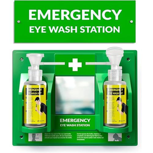 MAASTERS BPA Free Wall-Mounted Eye Wash Station with Sign - Set of 1 | OSHA, 2 empty bottles, mirror, emergency kit