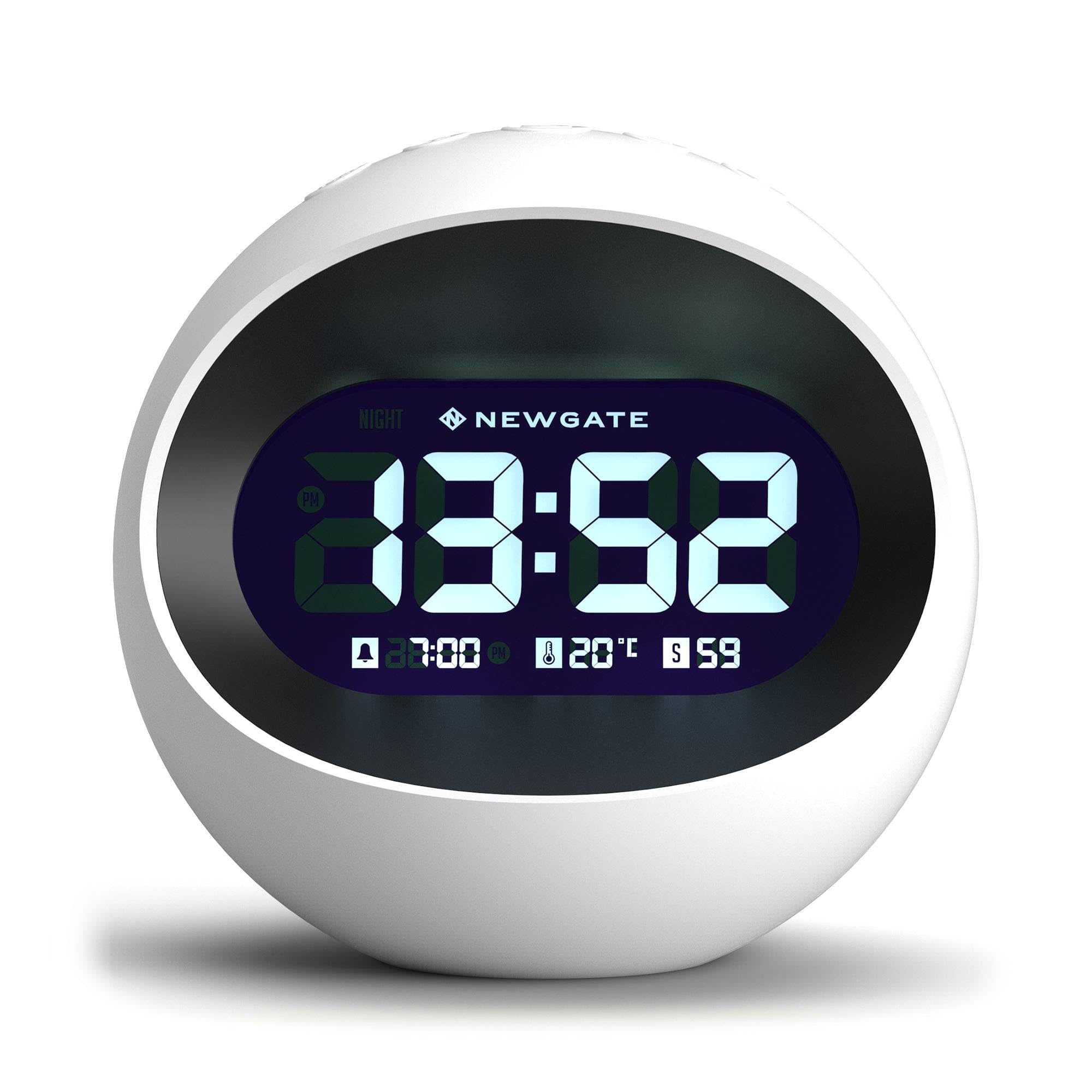 NEWGATE® Centre of The Earth Alarm Clock | Round Retro Digital LCD Clock | White | Ideal for Bedside, Desk or Shelf | Retro Bedroom & Office Accessory