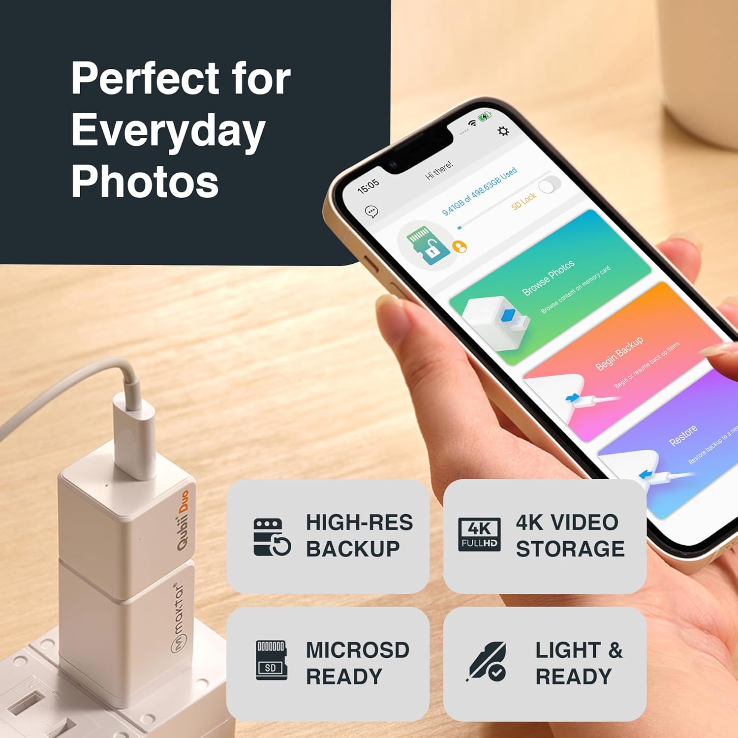 MAKTAR Qubii Duo USB-C Photo Saver for iPhone - External Storage for iPhone, Personal Cloud Storage Device & Picture Storage Auto Backup (microSD Required)