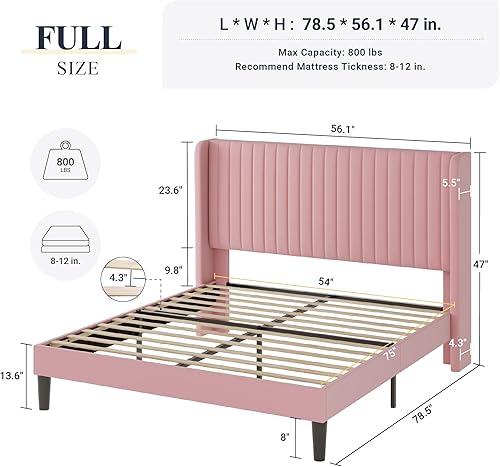 Miniatura 2 de Allewie Marco de cama de terciopelo de tamaño matrimonial, cabecera capitoné vertical con respaldo de alas, plataforma tapizada, listones de madera