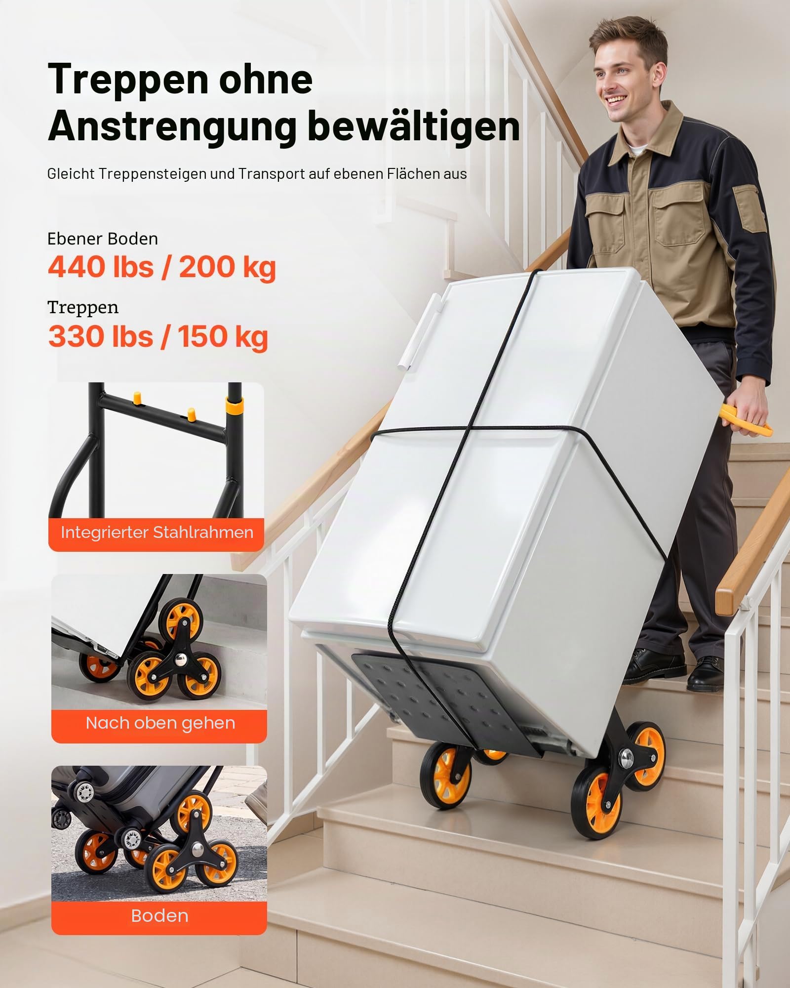 VEVOR Treppensackkarre klappbar, Sackkarre 150 kg Tragkraft, Treppensteiger mit 6 Rädern & 2 Spanngurten, Transportkarre, Treppenkarre, Stapelkarre, ideal für Haushalt, Einkauf & Lager