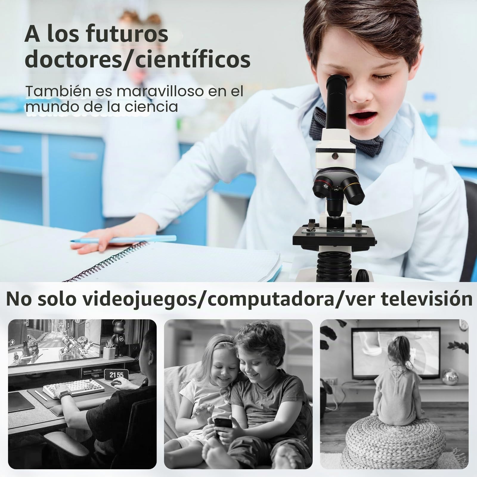 Microscopio profesional para adultos: microscopio compuesto para niños de 8 a 12, 100X-2000X, kit de microscopio para niños con diapositivas y cubiertas de microscopio preparadas, microscopios estéreo