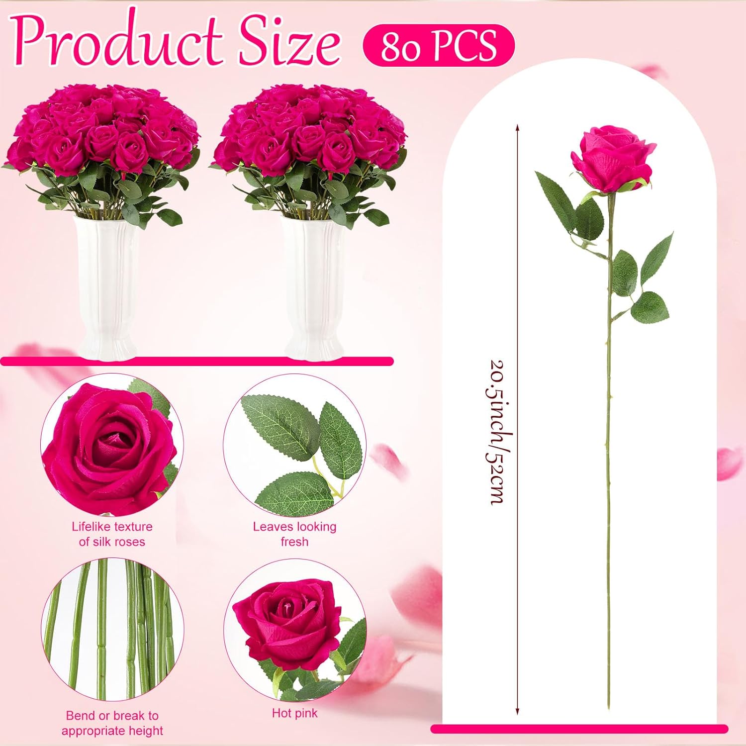 80 Pcs Roses Artificial Flowers, Silk Hot Pink Artificial Flowers Petals Long Stem Roses for Wedding Bouquet Home Party Decor - Image 3