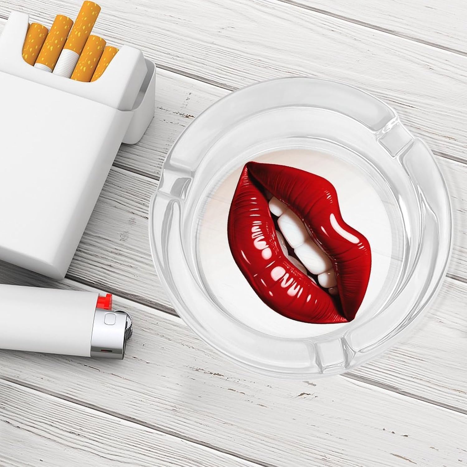 Round Ash Tray for Cigarette Cute Graphic Red Lips Glass Ashtrays Decorative Ashtray for Home Office Patio Outdoor