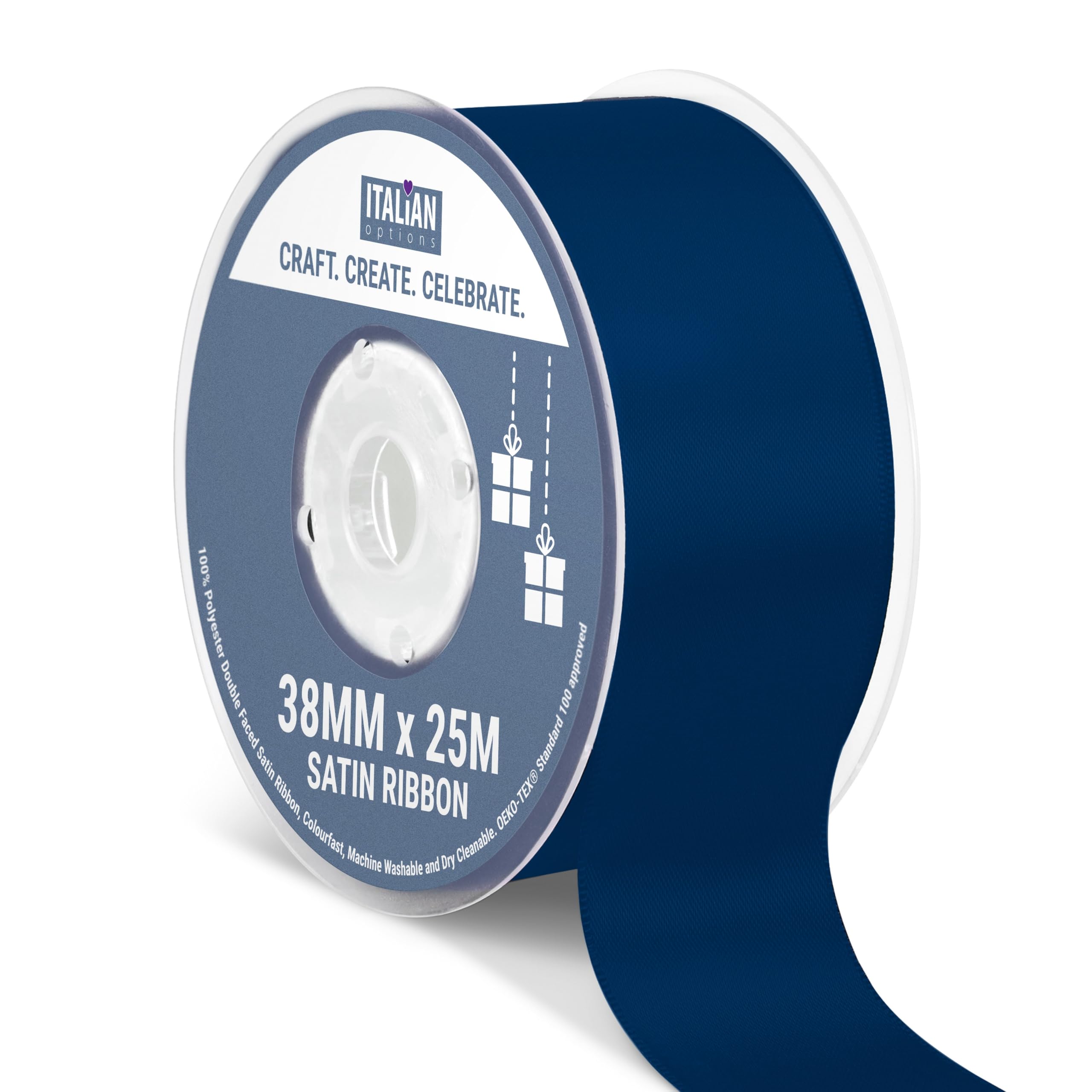 Italian Options Satin Ribbon, Fabric Ribbons for Gift Wrapping, Crafting, Balloons, Wedding Car, Presents, Cake, Christmas, Birthday, Gift Wrap Accessories, 38mm Wide x 25 Metre Roll, Navy