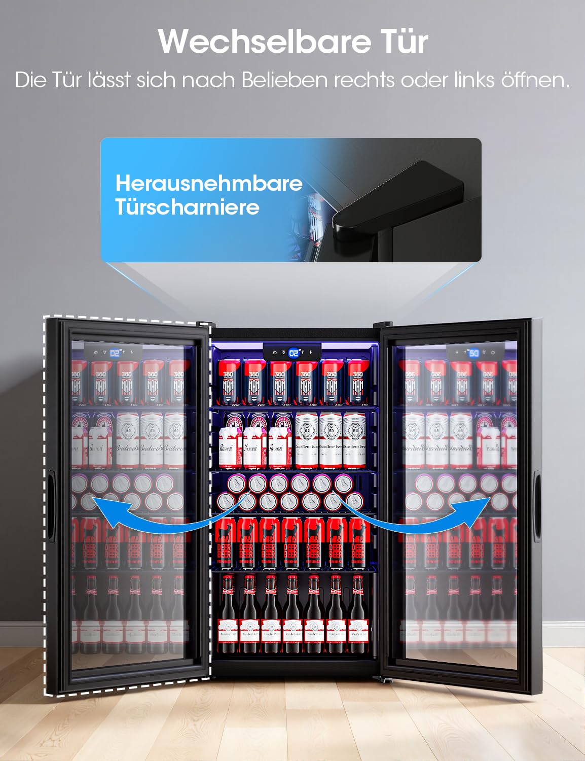 JUMMICO 86L Getränkekühlschrank Frostfrei Leise Energiesparend 126 Dosen 4 Regale