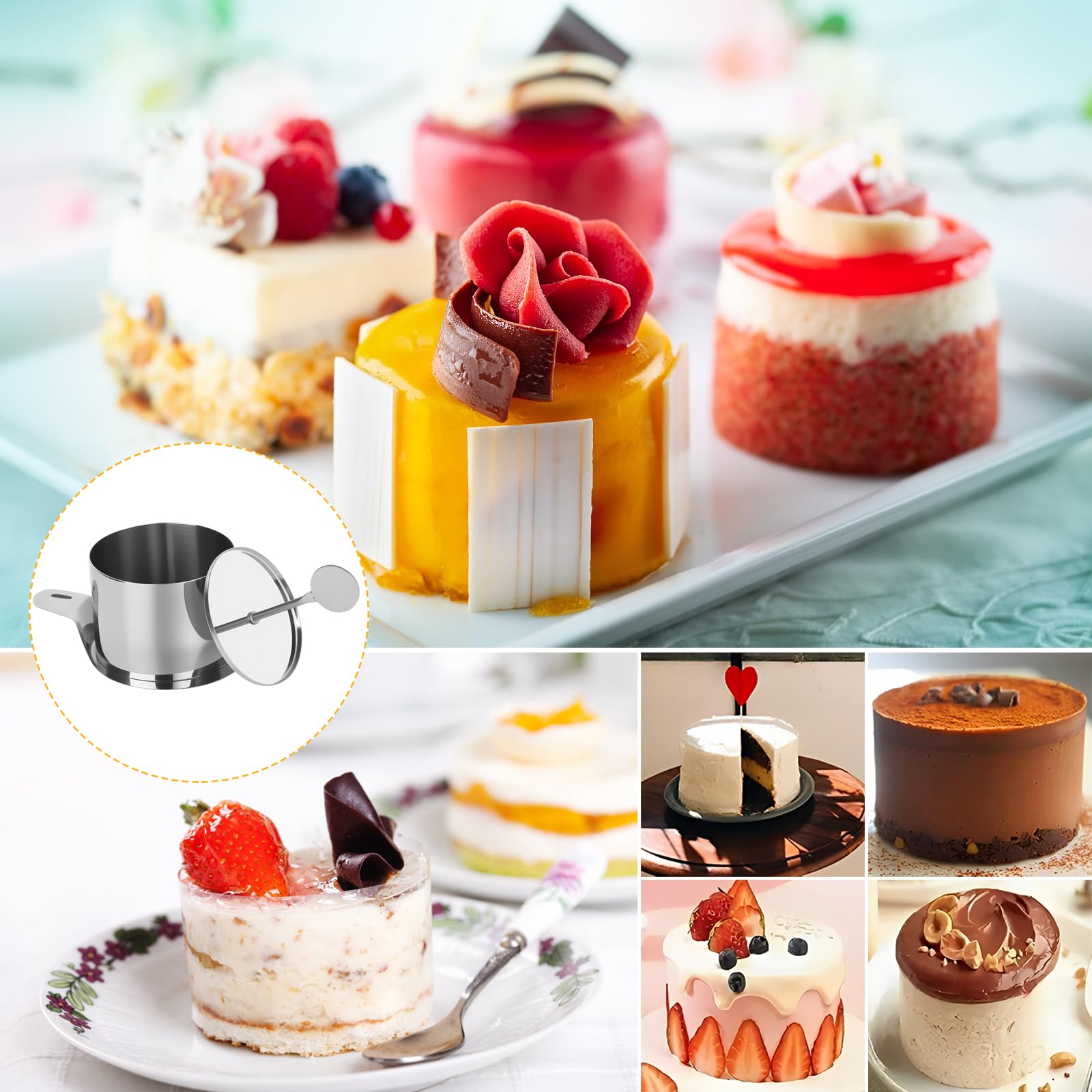 Set di 8 anelli da dessert e fedi nuziali, in acciaio inox, diametro 7,5 cm, con coperchio, base e stencil, forma rotonda per tortine