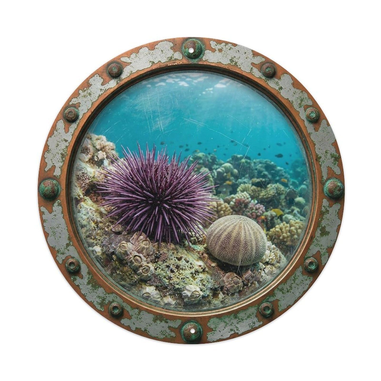 Vintage Porthole Sea Urchin Nautical Window View Metal Tin Sign