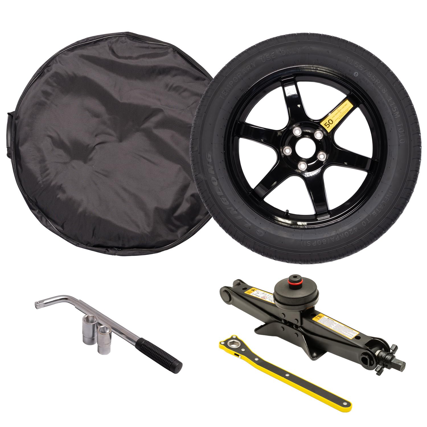 StanceMagic Complete Spare Wheel Tire Kit Fits 2020-2025 Tesla Model Y Spare Tire Kit, 18x4 Rim, Includes 2 Ton Scissor Jack, Tools, Carrying Bag, Also fits Juniper