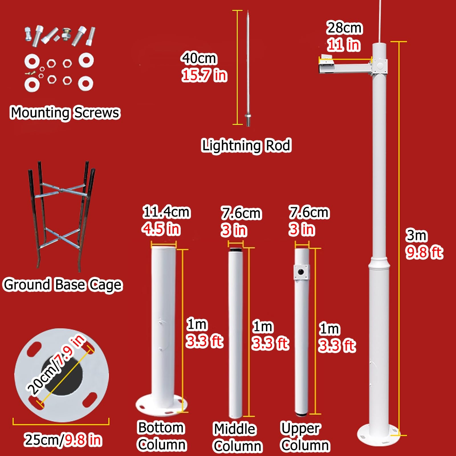 Genérico Poste Universal para cámara de Seguridad Exterior con pararrayos, Soporte de Poste CCTV Duradero de 300 cm para vigilancia, Soporte de cámara Ideal para protección de Patios y pasillos.