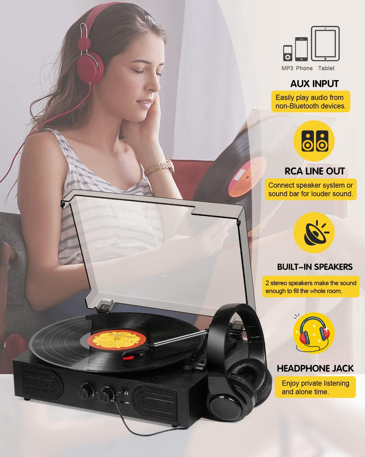 Bluetooth Record Player with Built-in Speakers, 3-Speed Belt-Drive Turntable, Bass & Treble Control, Compact Vinyl Player with RCA Output, AUX-in, Headphone Jack, Black Wooden