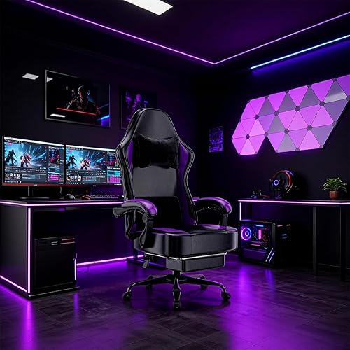 Miniatura 2 de Silla de juegos con cojín de resorte de bolsillo y reposapiés, silla ergonómica de computadora para adultos, silla de juegos de piel sintética Negro