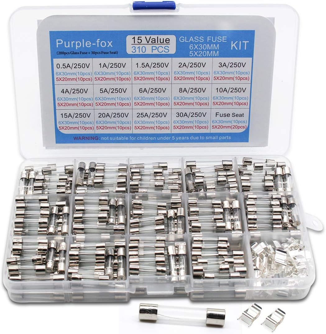 Purple-fox 28 Values 310pcs Fast-Blow Glass Fuses Assortment Kit 5x20mm 6x30mm 250V 0.5 1 1.5 2 3 4 5 6 8 10 15 20 25 30A amp Packaged in a Clear Plastic Box with 30PCS Fuse Seat