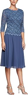 Women's Tea Length Embroidered Bodice Mother of The Bride Gown, Wedding Guest Dress