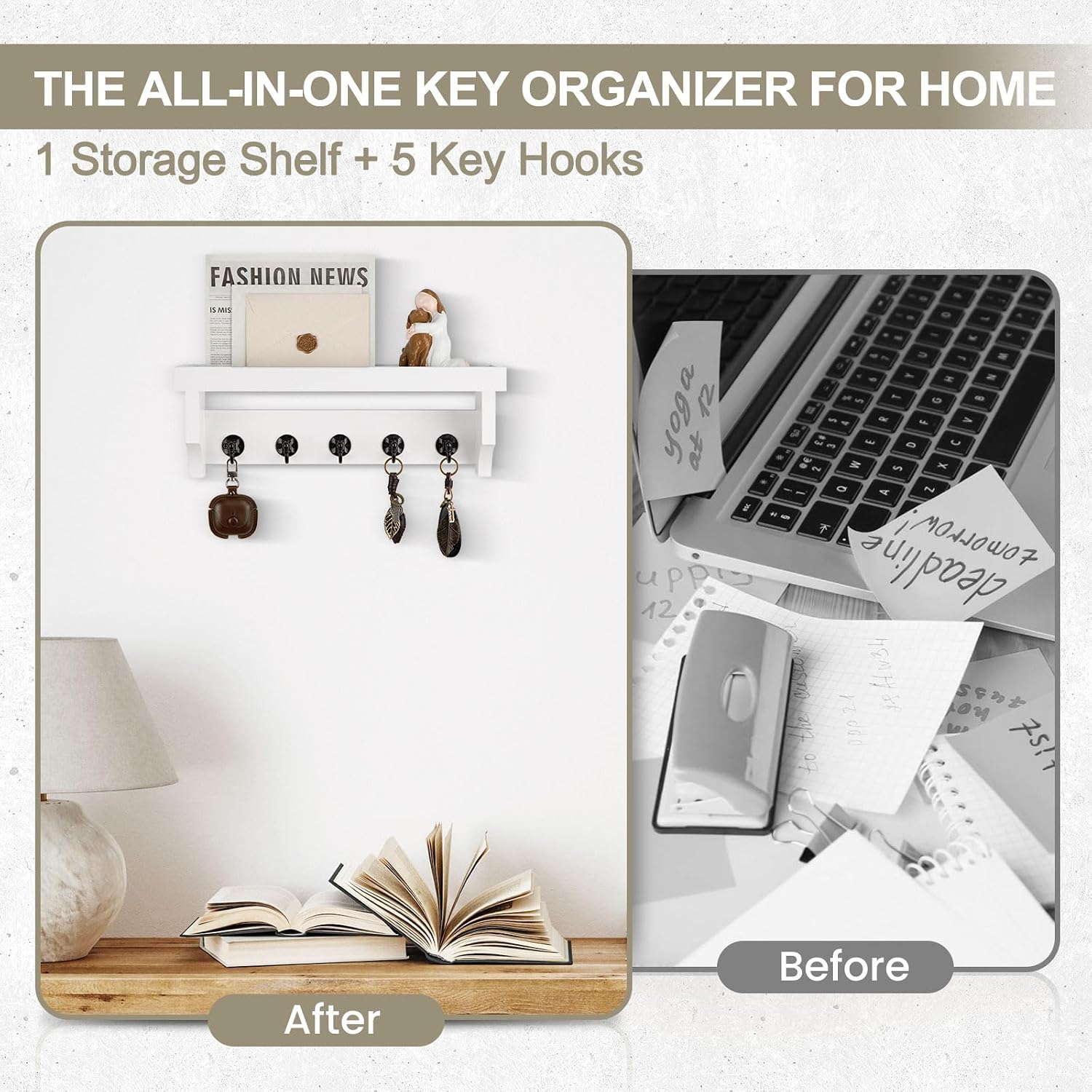 Key and Mail Holder Wall Mount, Key Holder with Shelf and Mail Organizer Wall Mount. Mail Holder with 5 Hooks for Coat, Dog Leash, Home Decor Rack, Entry Way Organizer (White)