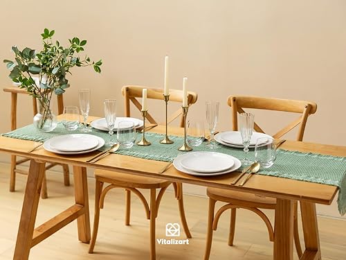 Miniatura 5 de Vitalizart Camino de mesa verde polvoriento, de 14 x 72 pulgadas, tejido de gofre, bohemio, rústico, con flecos, de algodón, para decoración del