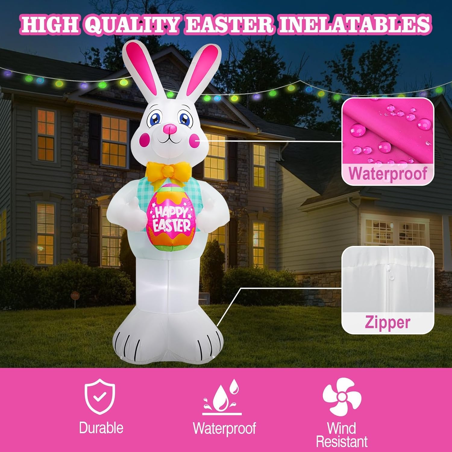 10FT Easter Inflatables Bunny Holding Easter Egg Decoration, Easter Blow up Yard Decoration White Rabbit Inflatable Built-in 3 LED for Easter Party Holiday Indoor Outdoor Yard Garden Decor