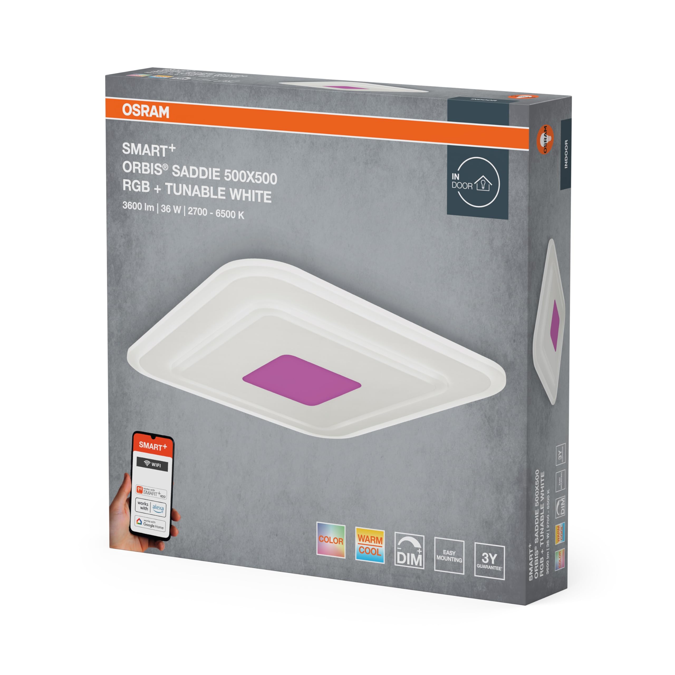 OSRAM SMART+ WiFi Orbis Saddie Plafoniera LED 500x500mm | SMART+ Wifi Orbis Saddie, Indoor Wall Lighting, Bianco, dia, 30000 h, confezione da 1