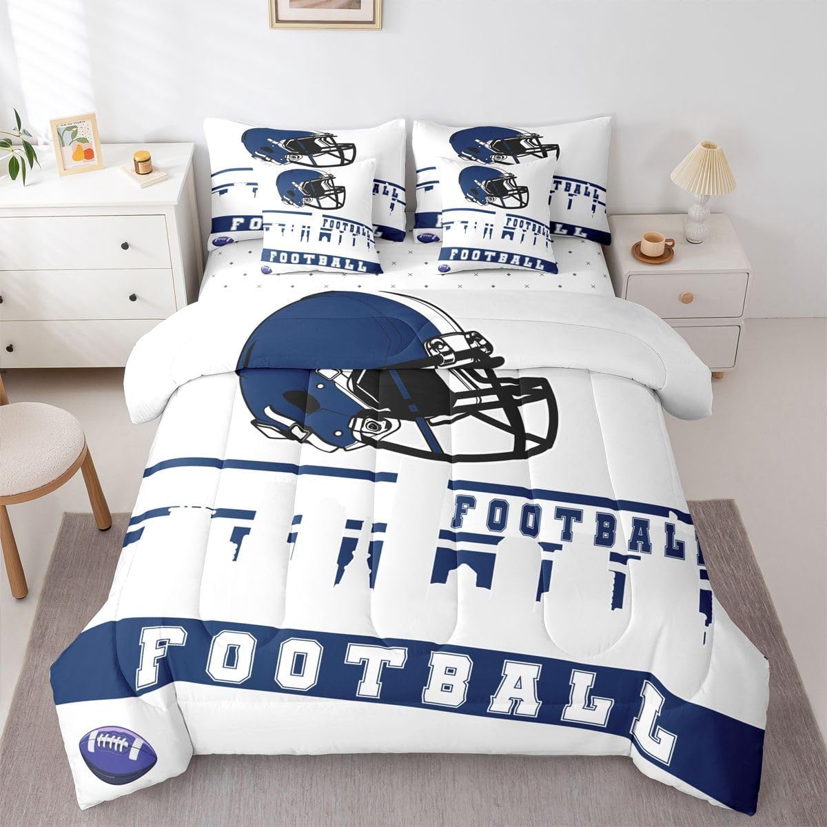 Erosebridal Football 7 Pcs Comforter Set Queen Football Fans Bedding for Men Football City Sheet Set Bed in A Bag Blue Rugby Competition Room Decor Sports Ball Game Quilt