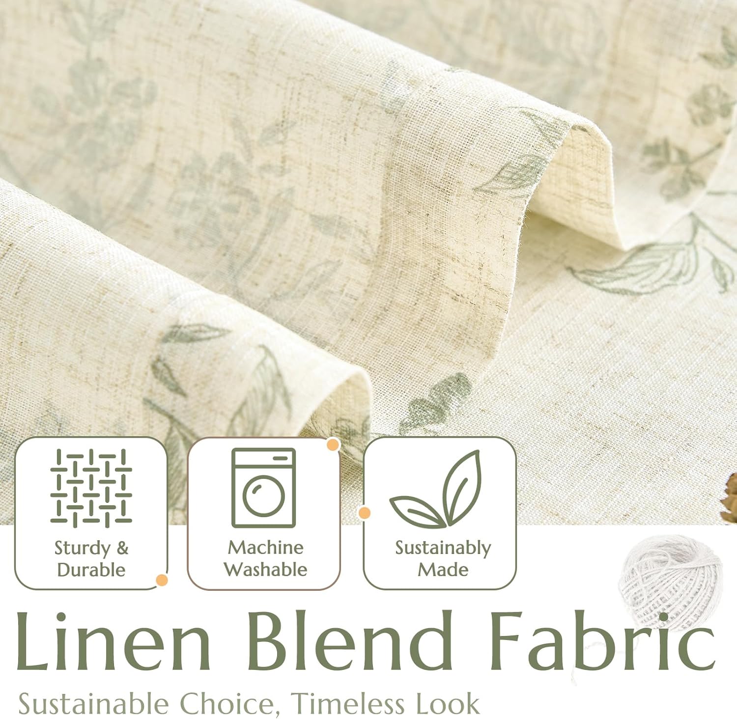 jinchan Floral Linen Kitchen Curtains with Attached Valance 36 Inch Length Farmhouse Cafe Tier Curtains for Living Room Bathroom Rustic Half Window Light Filtering Small Drapes 2 Panels Green