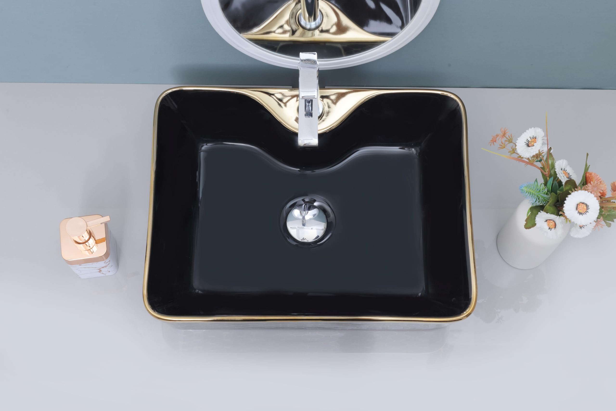 HISRE Ceramic Table Top Wash Basin (19x 14 x 5 IN), Luxrious Rectangle Over the Counter Glossy Wash Basin, European Style Designer Countertop Vessel Sink for Bathroom & Living Room (Black Gold), photo 4 of 4