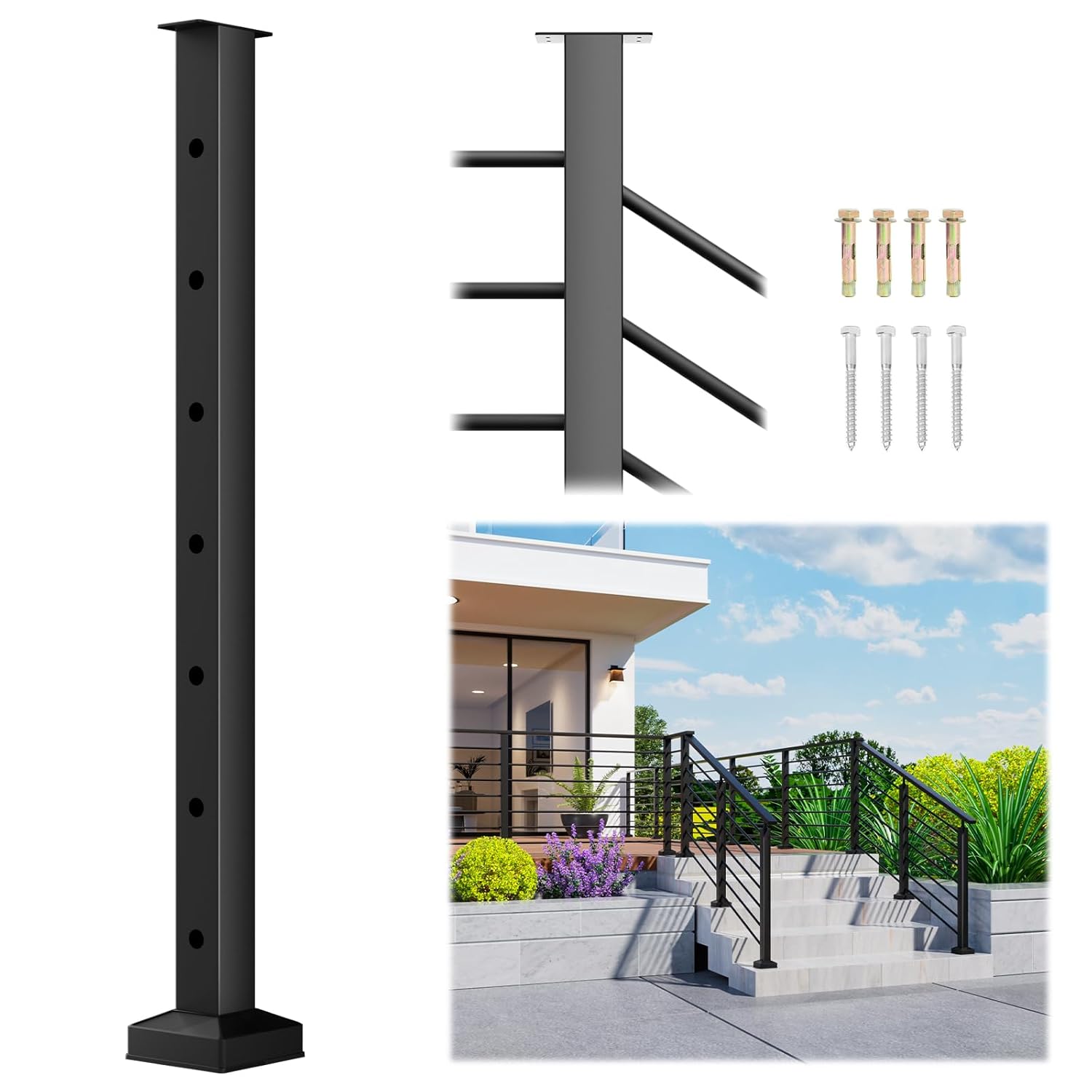 Egadis 1 Pack 35"x3"x3" Horizontal Aluminum Stair Railing Post, Stair Middle Post, Black Textured Powder-Coat Finish Horizontal Rail System for Outdoor Decks, Porches & Balconies