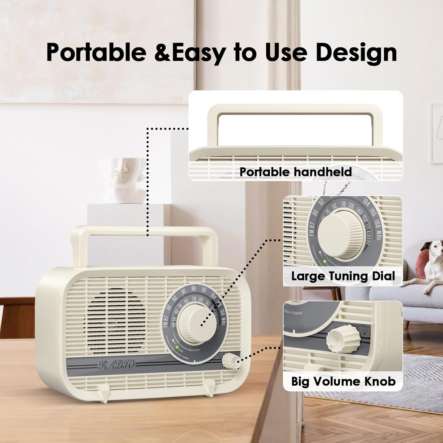 Audiocrazy radio highlighting the portable handle, large tuning dial, and big volume knob.